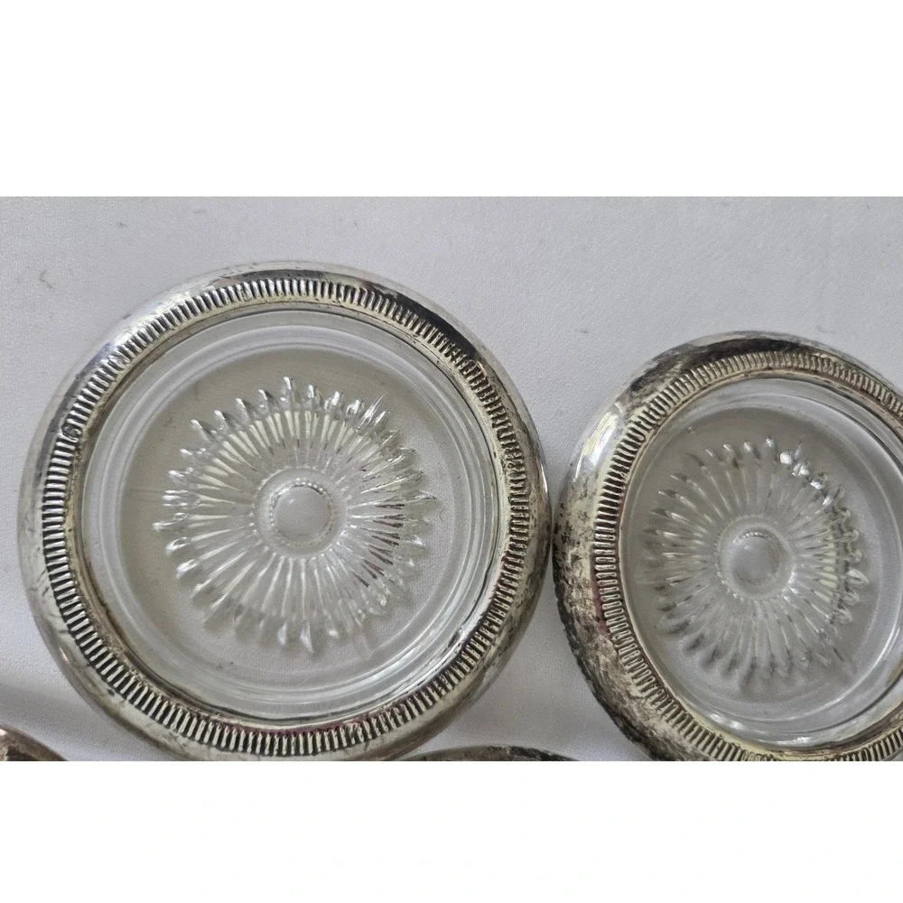 Vintage Set of 4 Starburst Cut Glass Coasters with Silver plated Metal Rims